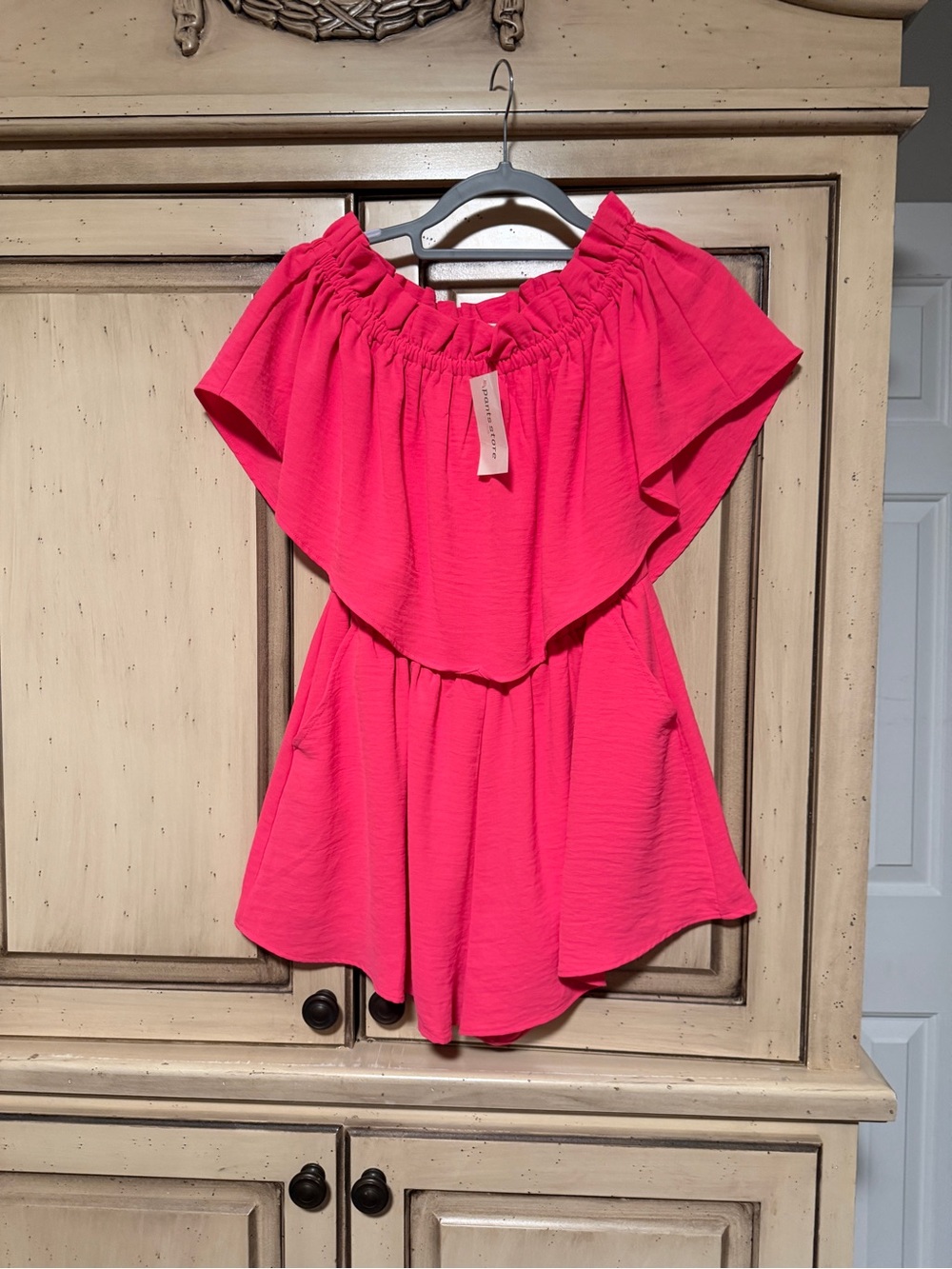 Off-Shoulder Pink Romper with Ruffle Overlay